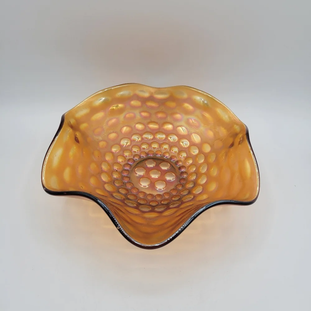 Vintage Fenton Carnival Glass Coin‎ Dot Ruffled Bowl Irredesent Collectible Gold
